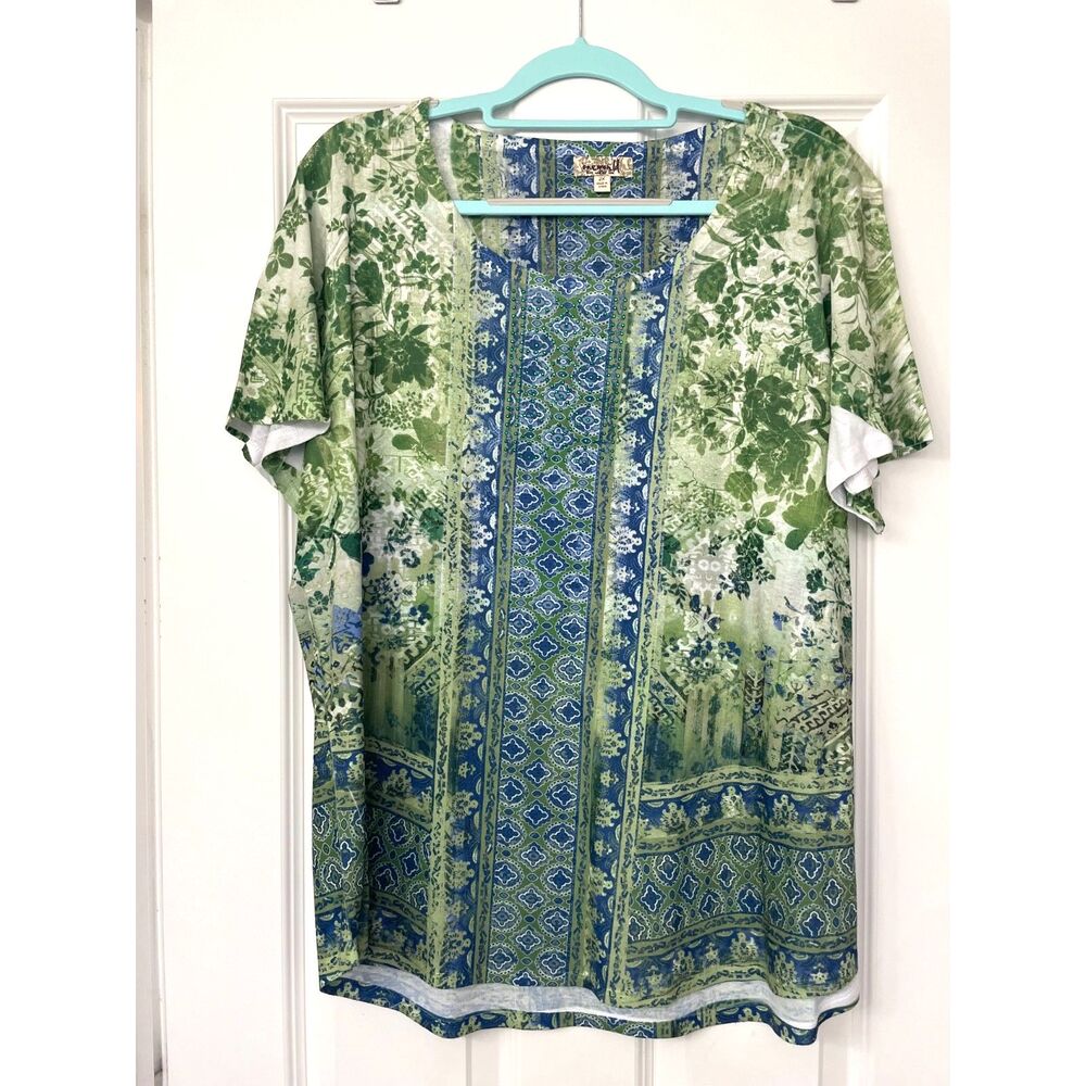 One World Women's Blue/Green Rhinestone Short Sleeve Blouse Sz 2x